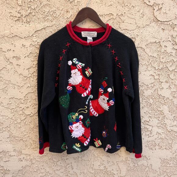 VTG Tiara International Santa Clause Embroidered Christmas Cardigan Sweater XL - Picture 1 of 5